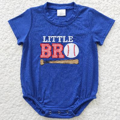 USA Shop Baby Boys Short Sleeves Embroidery Little Brother Baseball Blue Romper