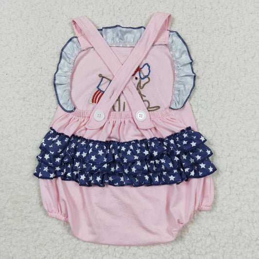 USA Shop Baby Girls Sleeveless Embroidery Dog Flag 4th of July Pink Romper