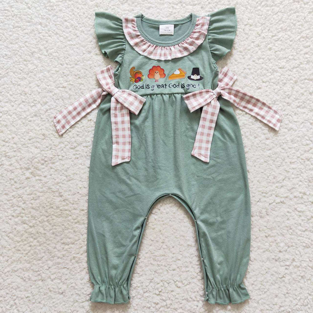 USA Shop Baby Girls Thanksgiving turkey Bows Green Romper
