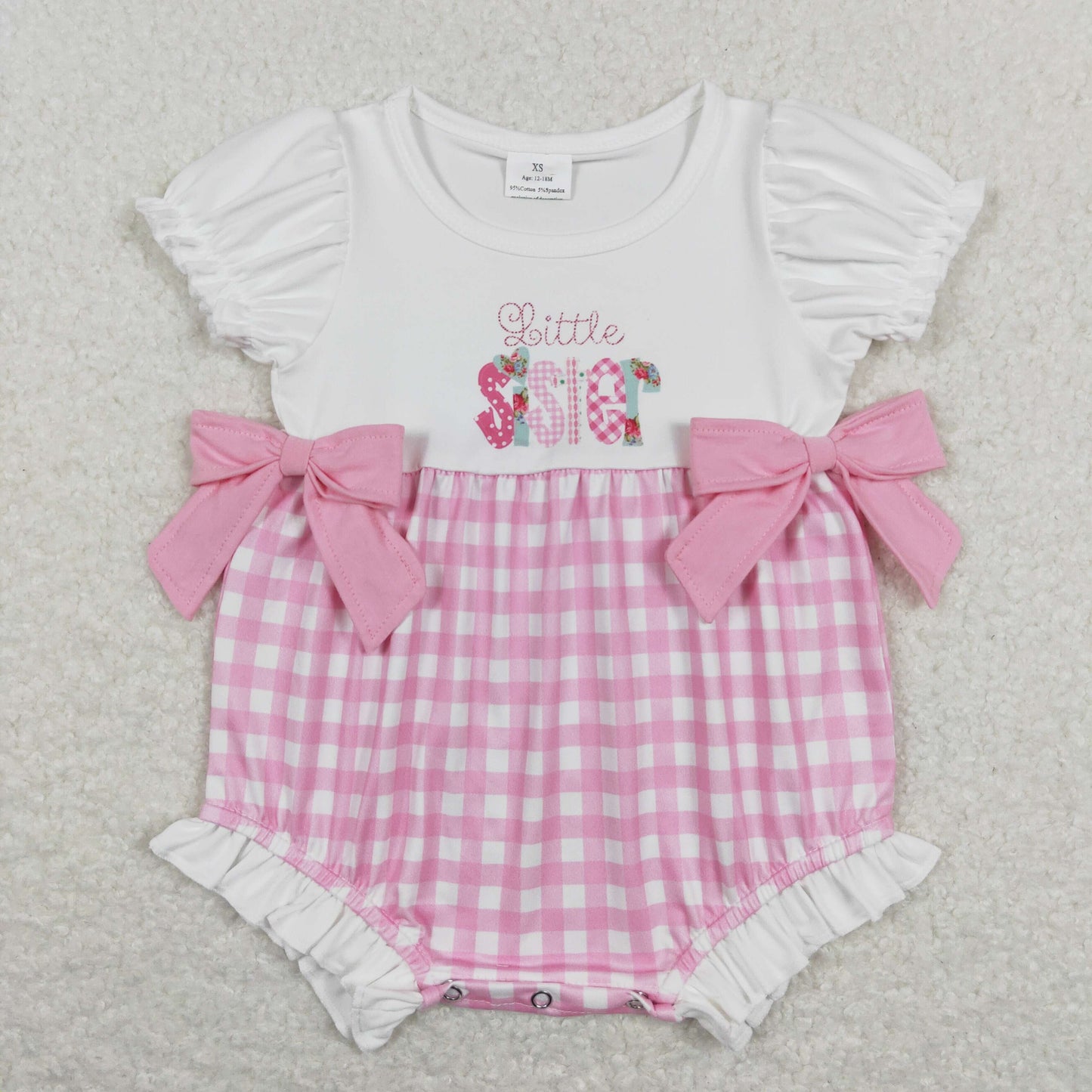 USA Shop Baby Girls Short Sleeves Little Sister Bows Pink Plaid Bubble Romper