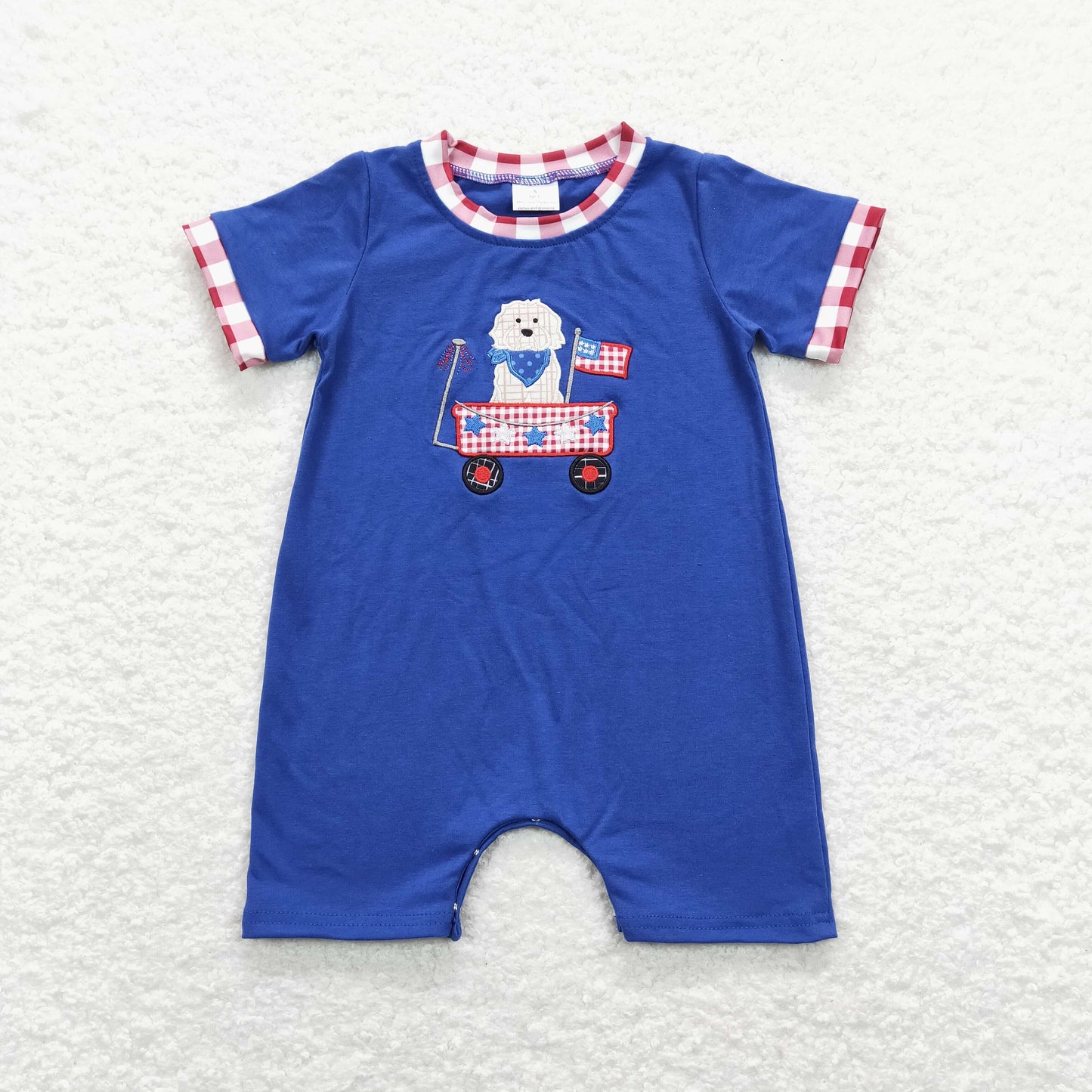 USA Shop Baby Boys Infant Short Sleeves Embroidery Flags Dogs 4th of July Blue Romper