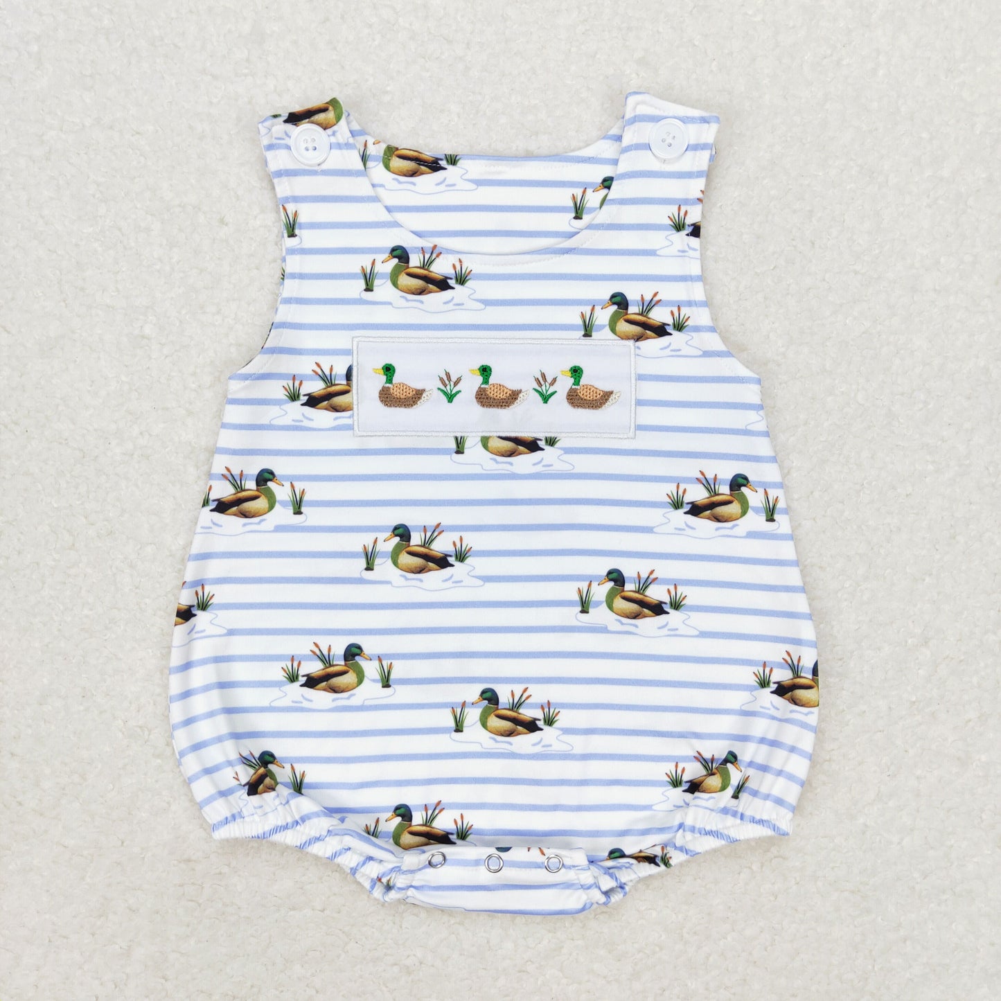 USA Shop Baby Boys Embroidery Ducks Blue Stripes Bubble Romper
