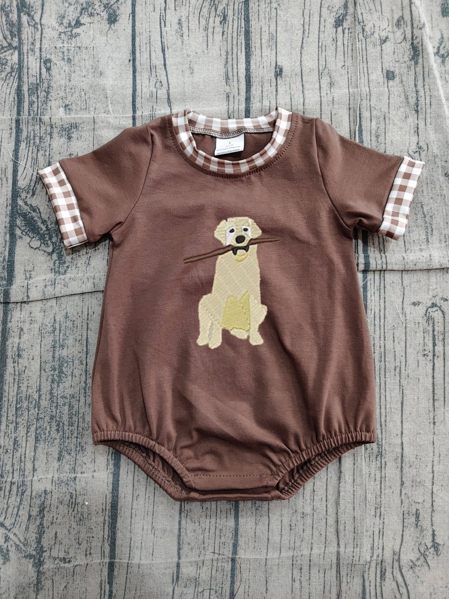 Preorder Baby Boys Short Sleeves Embroidery Dog Brown Bubble Romper