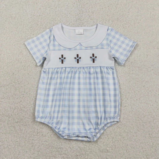 RTS Sibling Baby Boys Kids Short Sleeves Embroidery Crosses Plaid Easter Rompers Dress