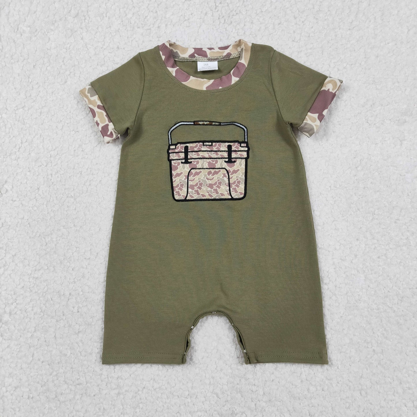 RTS Sibling Baby Boys Green Short Sleeves Embroidery Box Camo Hunting Clothes Romper Set