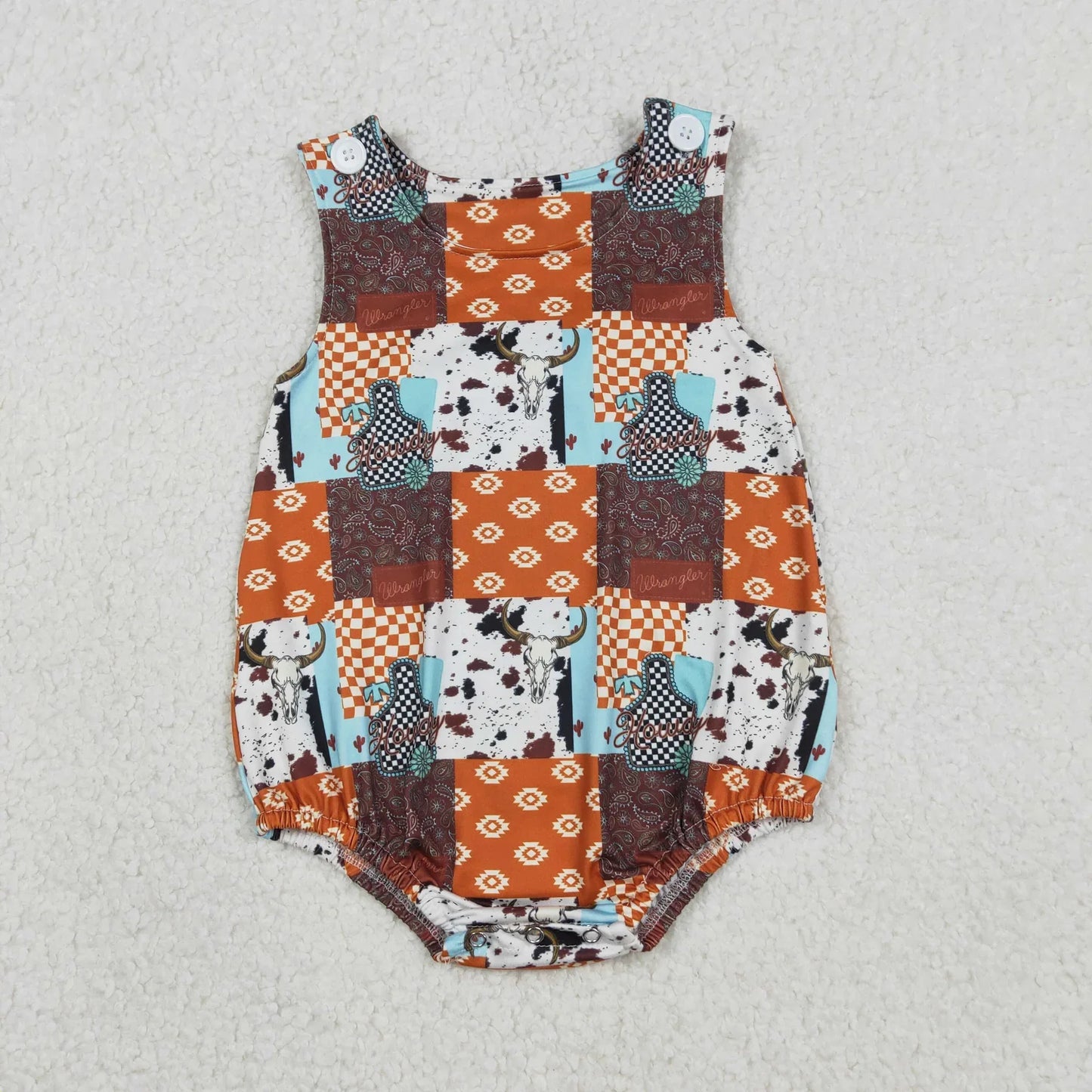 RTS Sibling Baby Boys Western Cow Print Aztec Plaid Shirt Pockets Shorts Clothes Set Romper