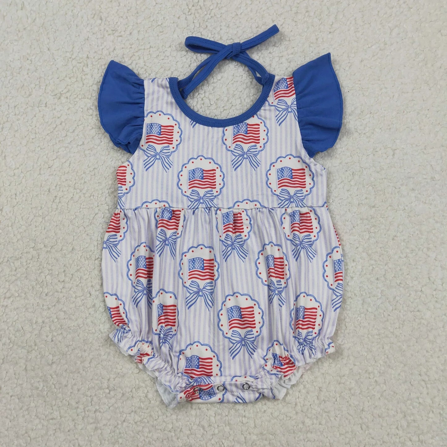Sibling Baby Girls Kids Bows Flags Tops Blue Shorts Set Romper 4th of July Clothes