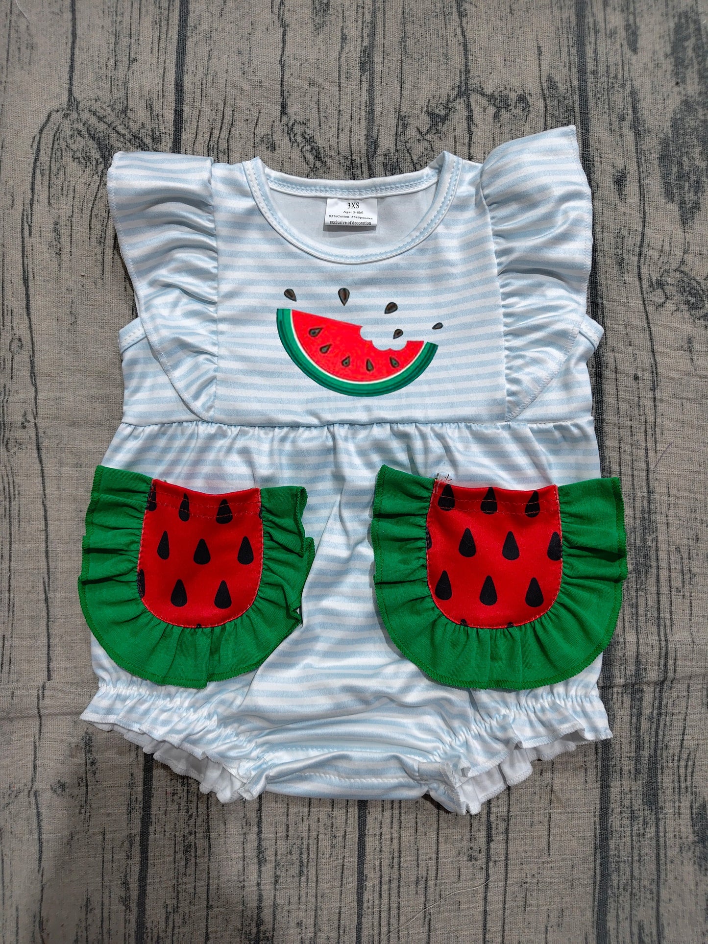 Preorder Baby Girls Infant Short Sleeves Embroidery Watermelon Pockets Stripes Romper Clothes