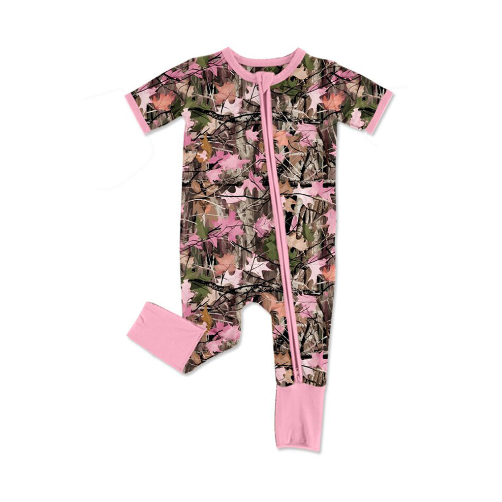 Preorder Baby Girls Kids Short Sleeves Leaves Two-way Zipper Pink Footie Sleeper Romper ( Moq 5 )