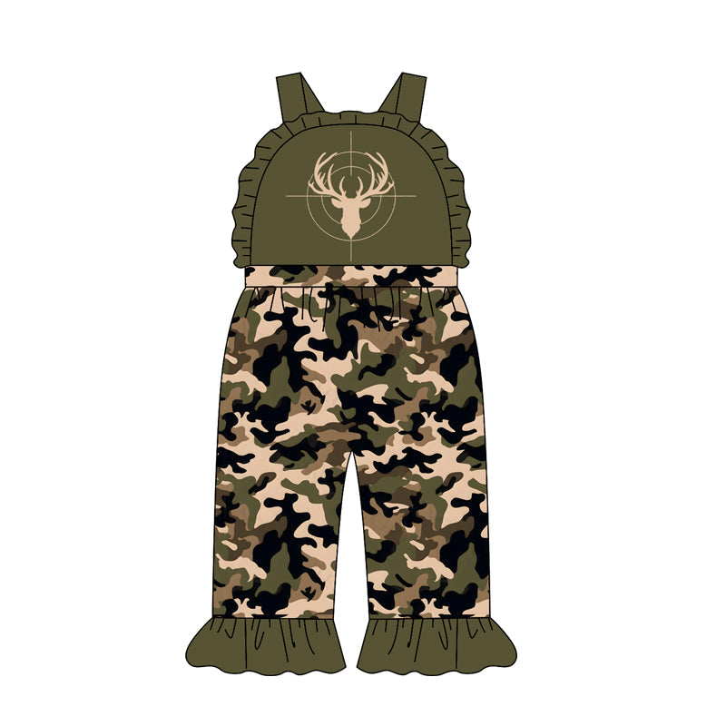 Preorder Baby Girl Kids Deer Green Ruffle Pants Camo Jumpsuit Hunting Clothes ( Moq 5 )