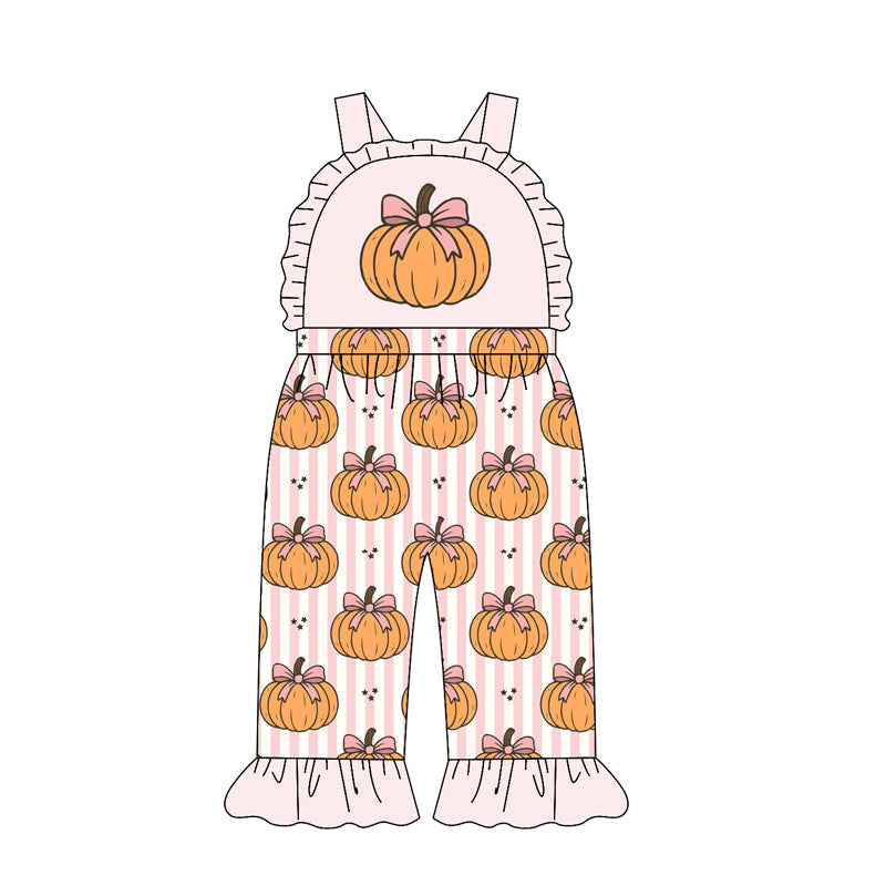 Preorder Baby Girl Kids Sleeveless Pumpkins Bows Ruffle Pants Jumpsuit Clothes ( Moq 5 )