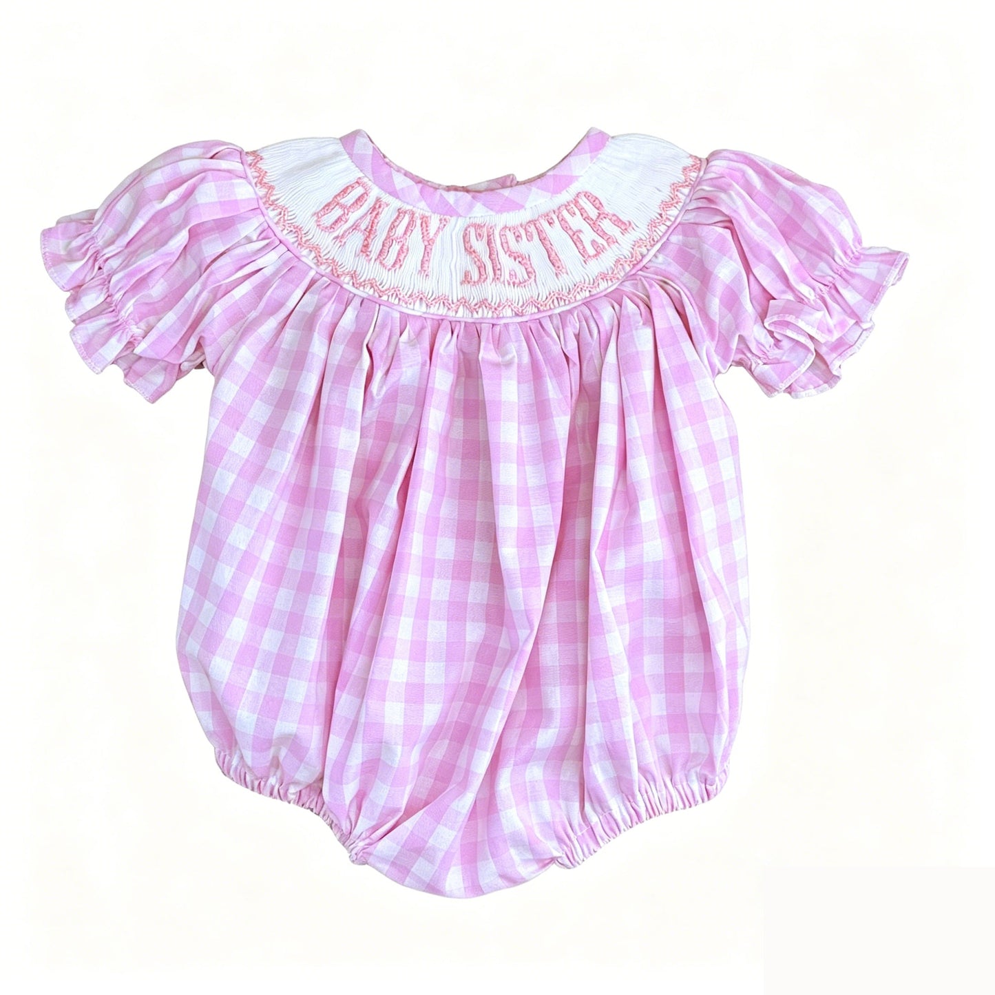 Preorder Baby Girls Infant Short Sleeves Baby Sister Pink Plaid Bubble Romper Clothes ( Moq 5 )