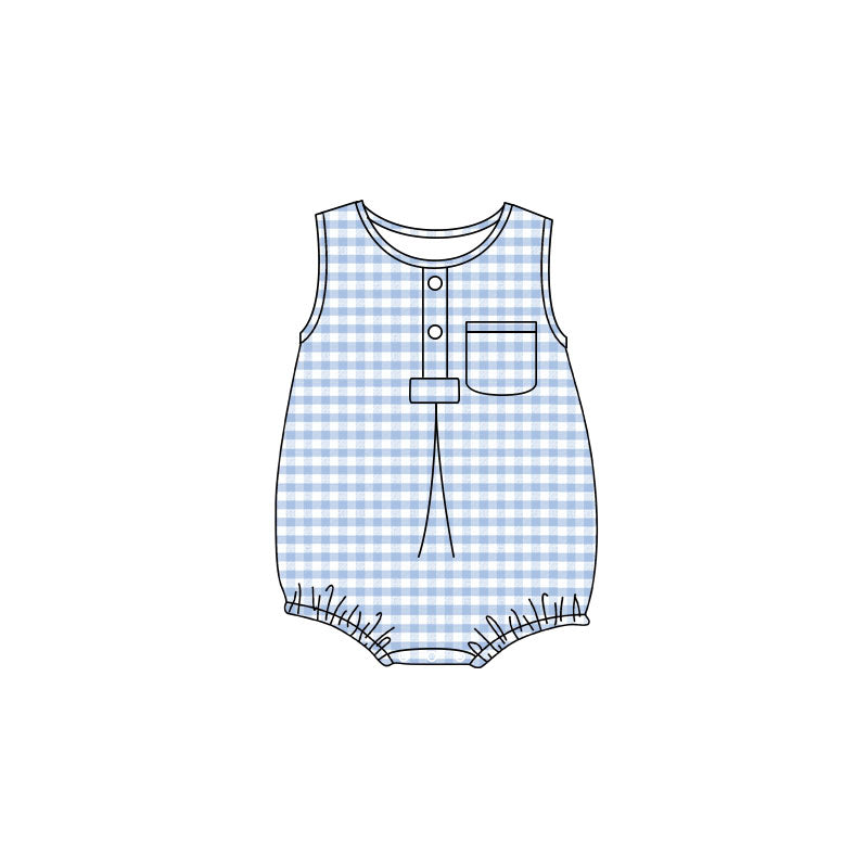 Preorder Baby Boy Infant Sleeveless Blue Plaid Pocket Summer Bubble Romper ( Moq 5 )