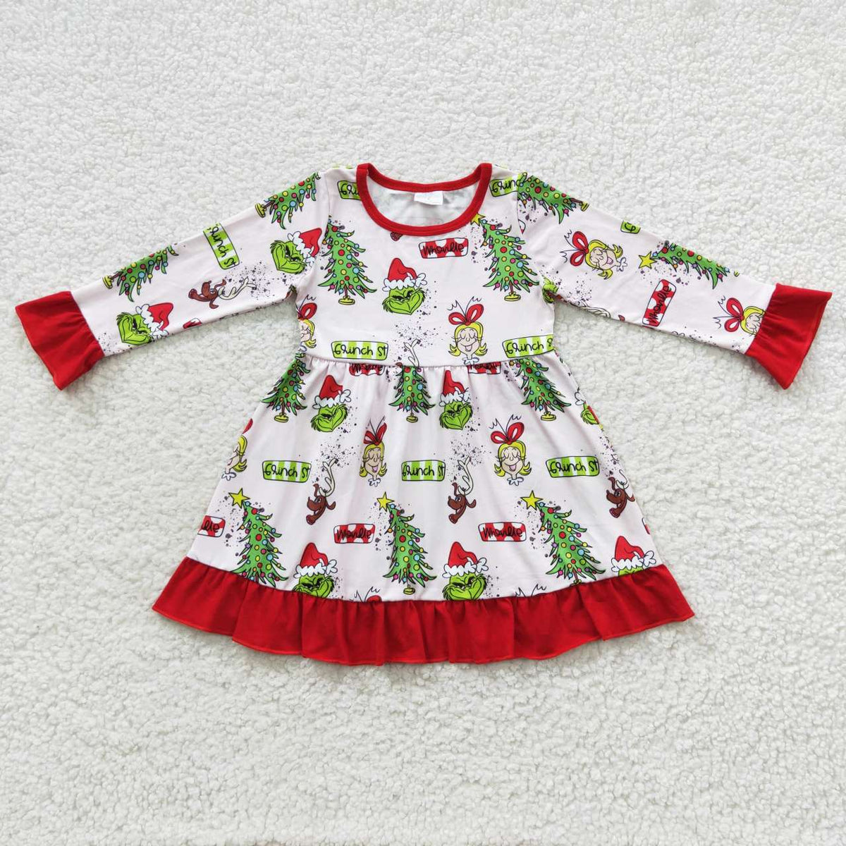 Promotion Baby Girl Long Sleeves Green Face Ruffle Dress Christmas Clothes