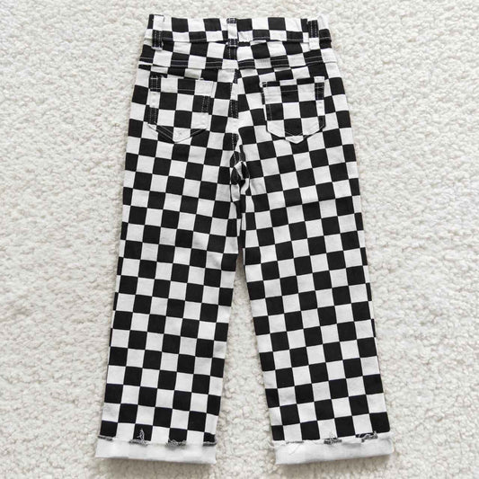P0122 Baby Boys Kids Black Checked Denim Pants Jeans Bottoms Clothes