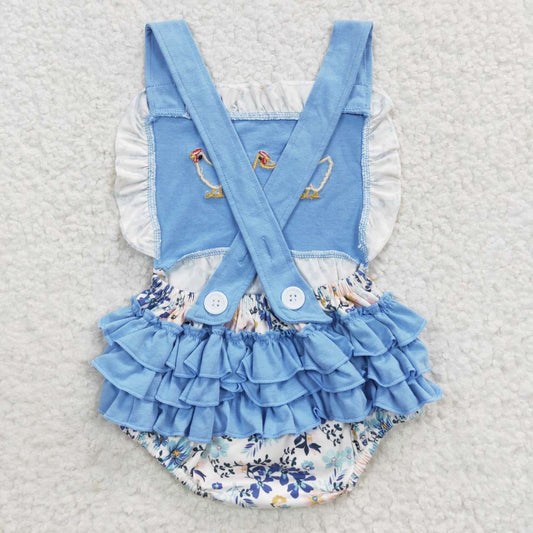 SR0285 Baby Girls Infant Embroidery Chicken Flower Blue Ruffle Bubble Romper Clothes