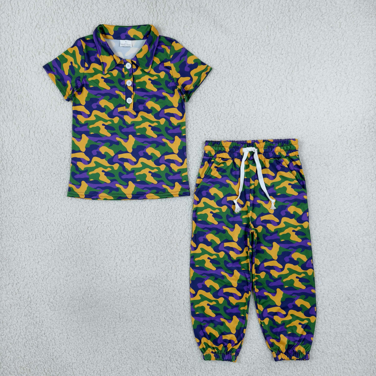 Baby Boys Kids Short Sleeves Buttons Shirt Pockets Camo Pants Mardi Gras Set Clothes