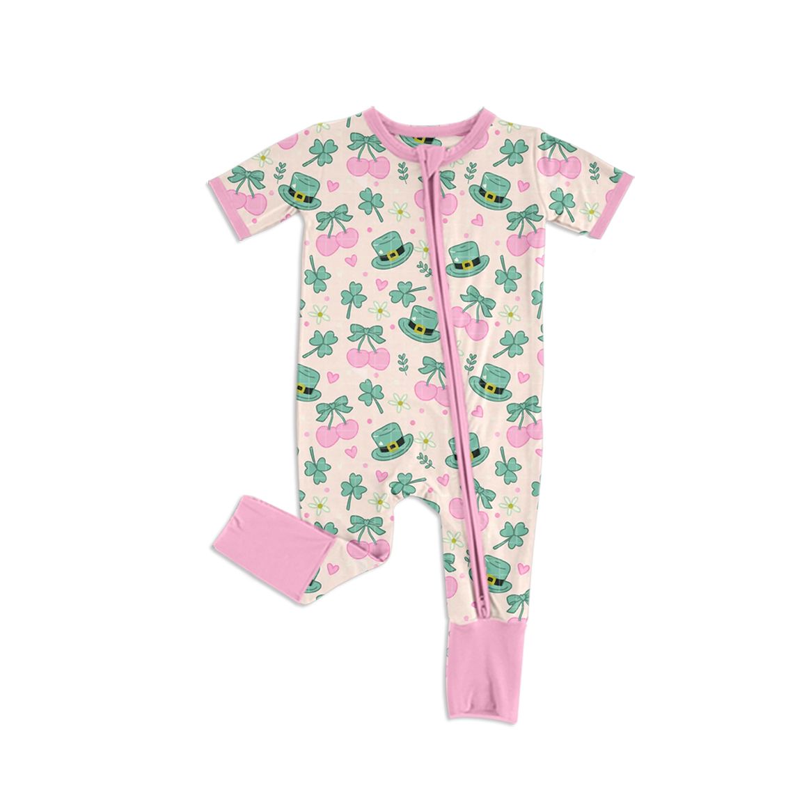 Moq 5 Preorder Baby Girls Kids Clovers Flower Bows Zipper Footie Romper St Patrick Clothes