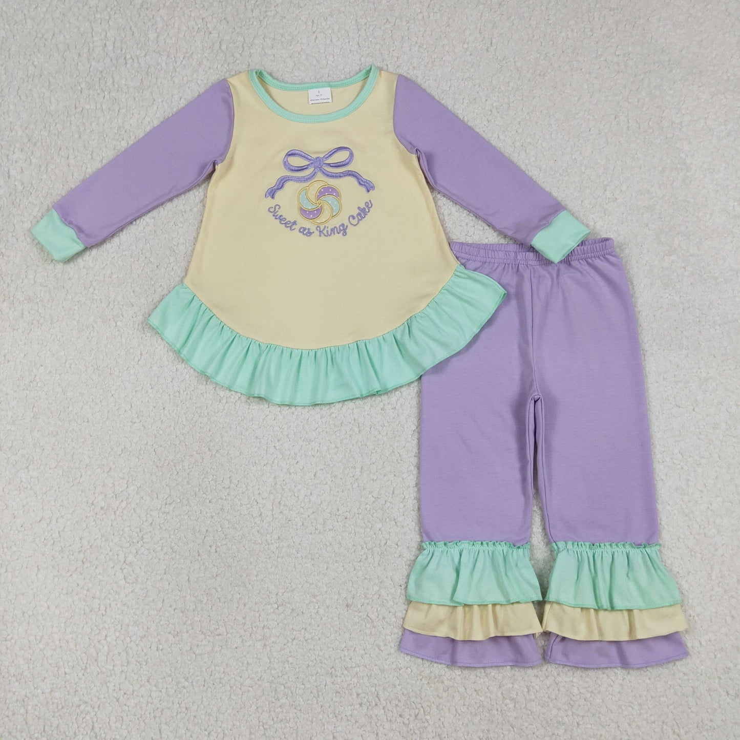 RTS Baby Girls Kids Long Sleeves Embroidery Sweet Cake Bows Tops Ruffle Pants Mardi Gras Set