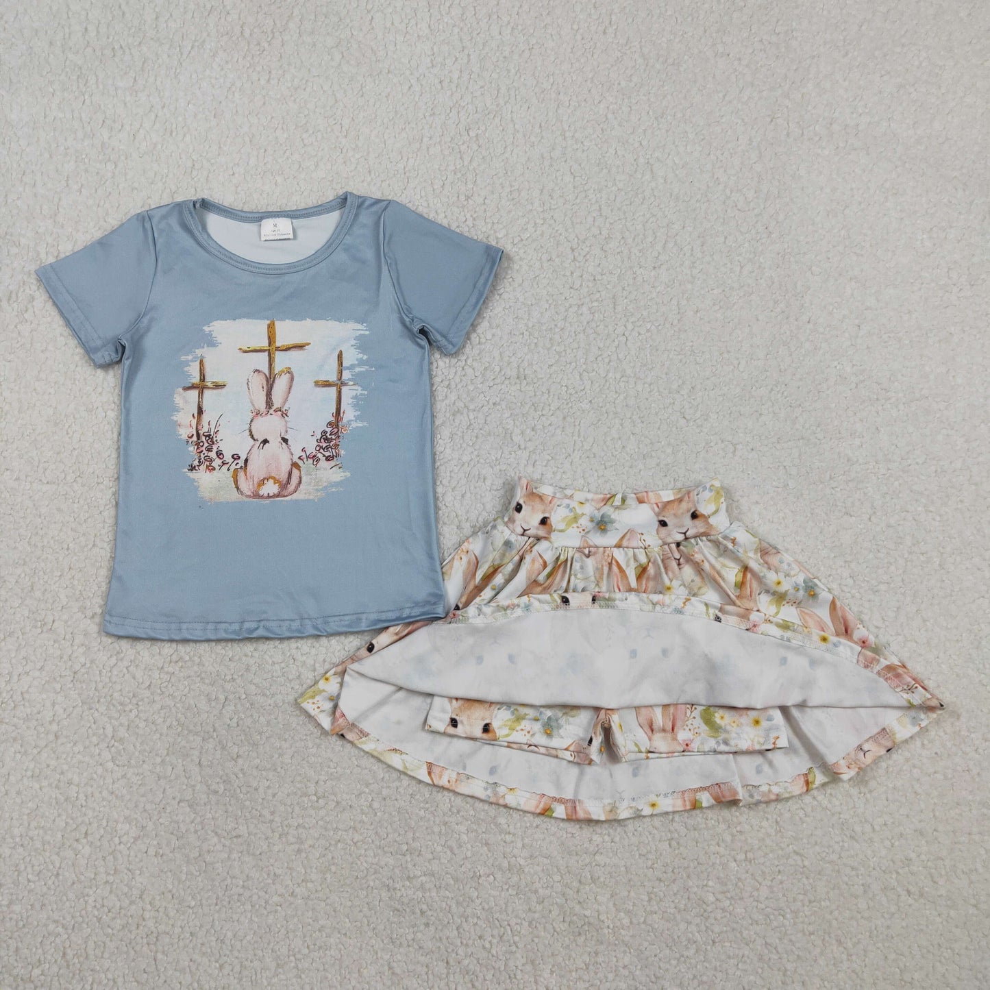 RTS Baby Girls Short Sleeves Cross Short Rabbits Flowers Skirt Shorts Easter Set