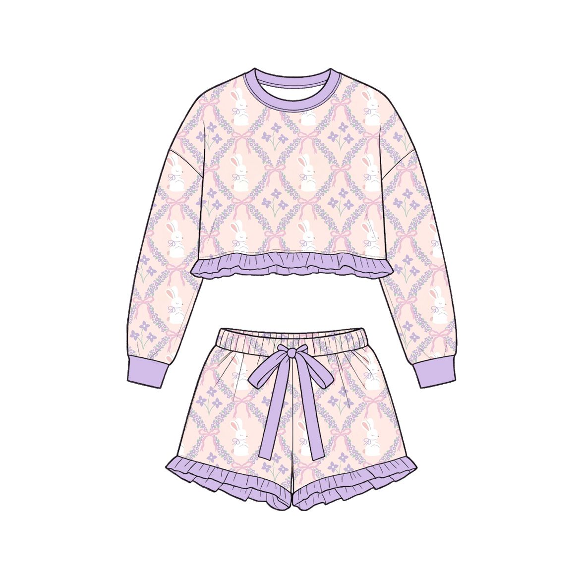 Moq 5 Preorder Baby Girls Kids Long Sleeves Rabbits Bows Flower Easter Shirt Shorts Set Clothes