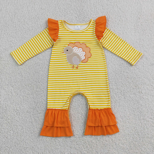Sibling Baby Girls Kids Long Sleeves Embroidery turkey Stripes Fall Romper Set Thanksgiving Clothes
