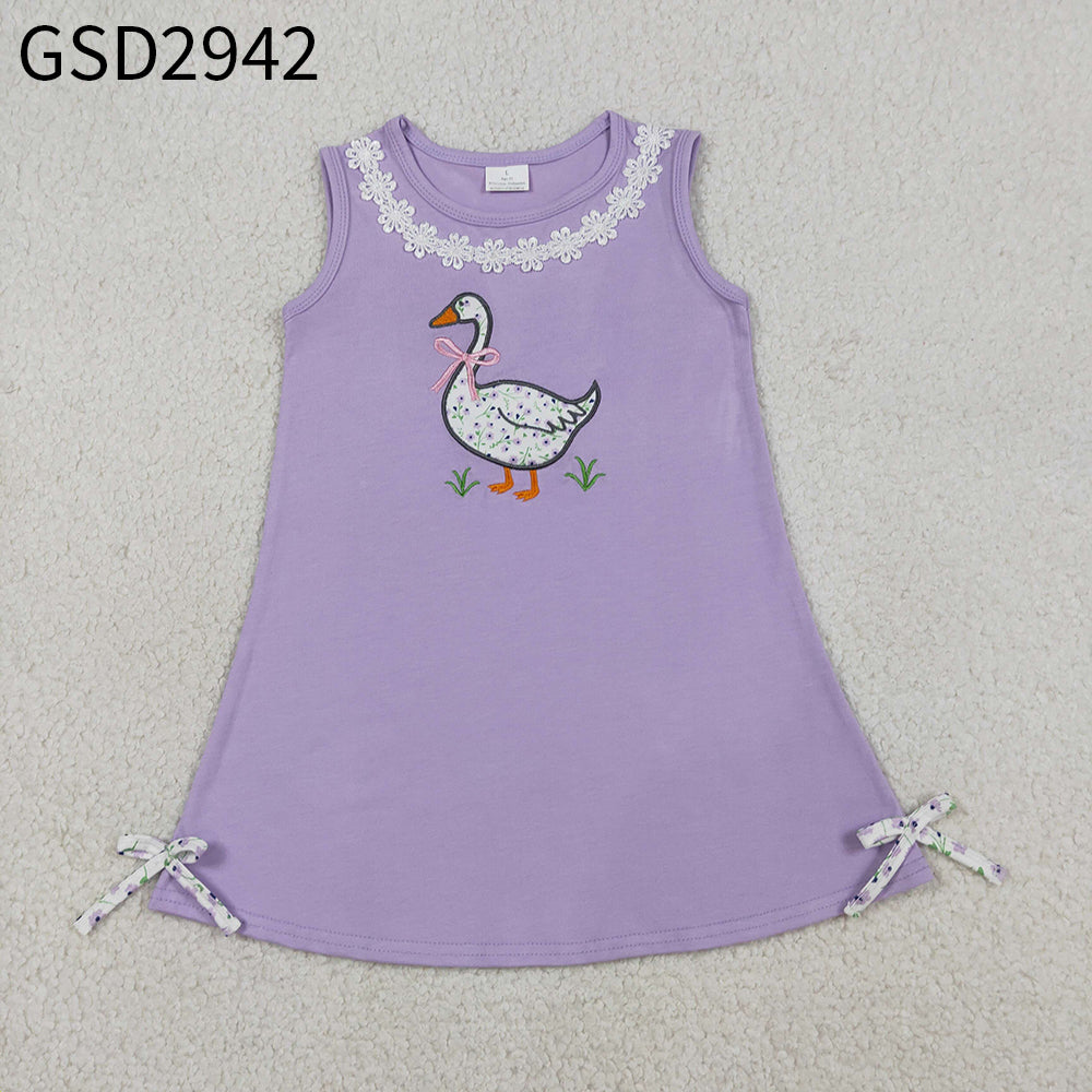 RTS Baby Girls Sleeveless Embroidery Floral Duck Bows Purple Knee Length Dress
