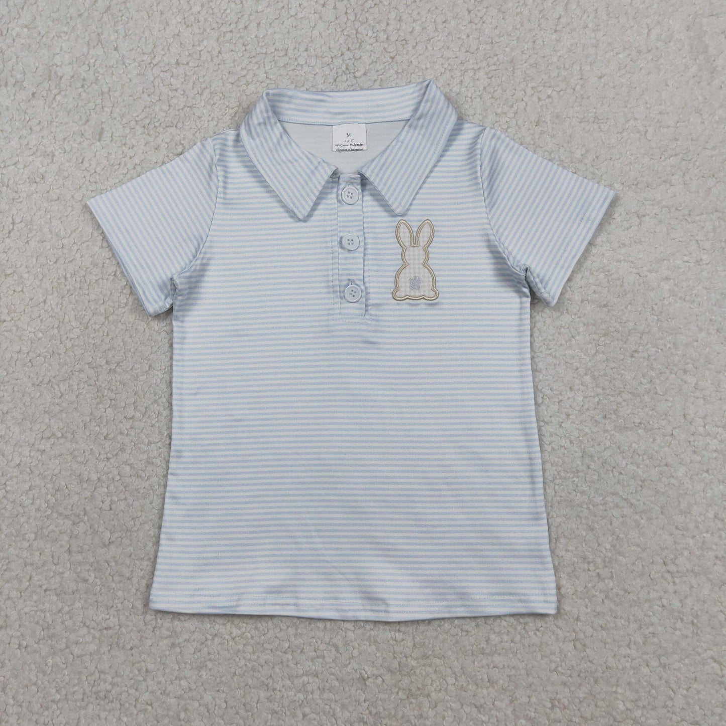 RTS Baby Boys Kids Short Sleeves Embroidery Rabbit Blue Stripes Easter Buttons Polo Shirt Tops