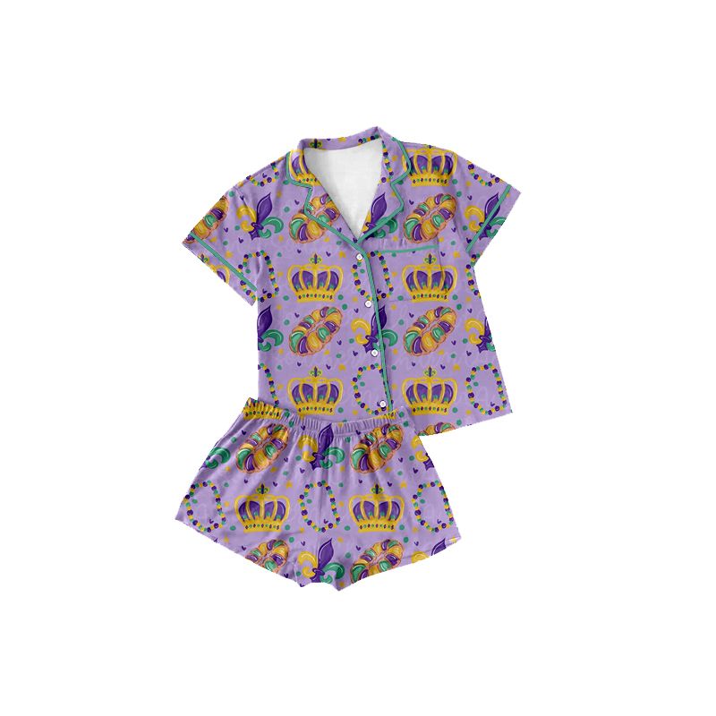 Moq 5 Preorder Baby Girls Kids Flower Donuts Buttons Shirt Shorts Set Pajamas Mardi Gras Clothes