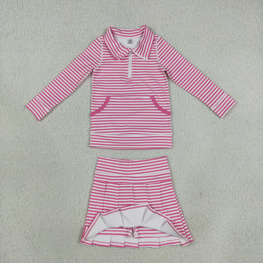 Baby Girls Kids Long Sleeves Pink Stripes Zipper Shirt Skirt Shorts Set Yoga Active Clothes