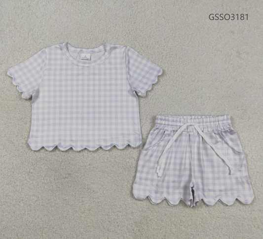 Baby Girls Kids Short Sleeves Plaid Shirt Scallop Shorts Purple Clothes Set RTS
