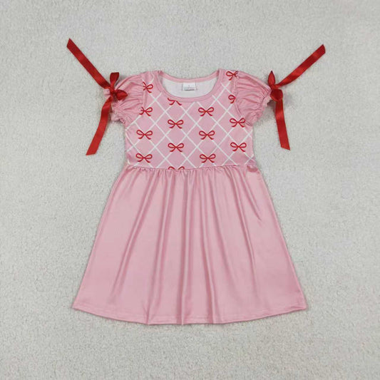 Sibling Baby Girls Kids Short Sleeves Bows Pink Bubble Romper Knee Length Dress