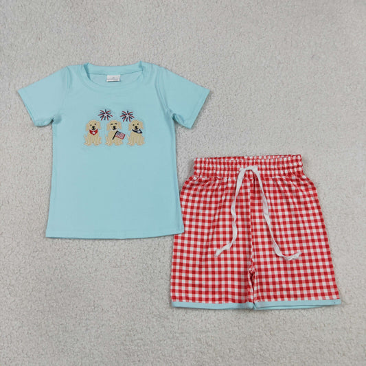 Baby Boys Kids Short Sleeves Embroidery Dogs Flags Shirt Red Plaid Shorts 4th of July Set