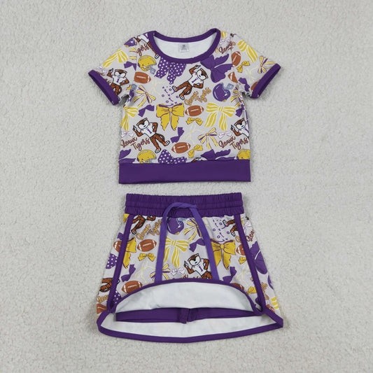 Baby Girls Toddler Short Sleeves Tigers Bows Football Team Shirt Shorts Yoga Purple Set