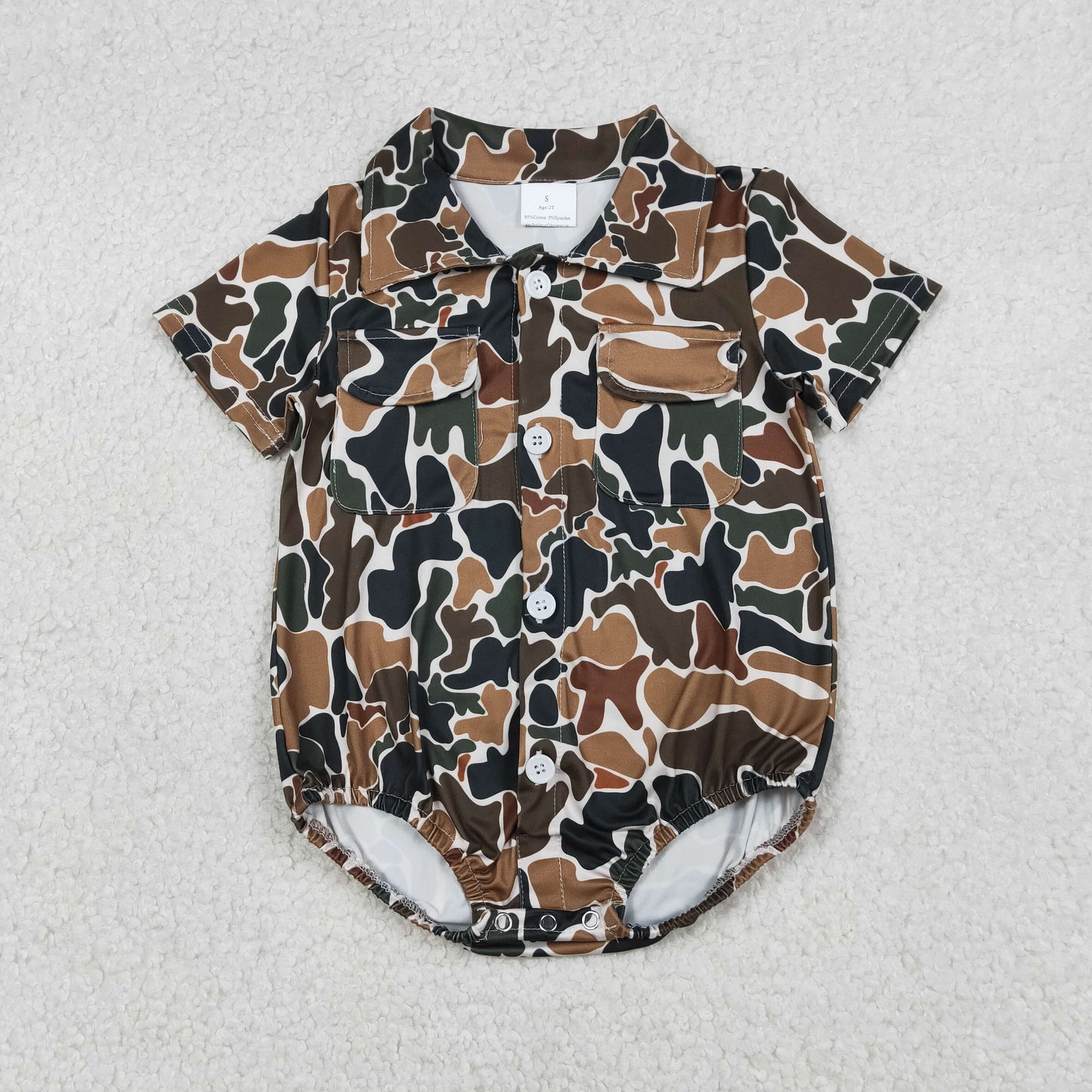 Baby Boys Short Sleeves Brown Green Camo Pockets Buttons Romper