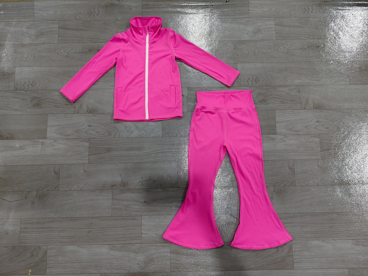 No moq Preorder Baby Girls Kids Pockets Zipper Pink Cardigan Tops Pants Set Yoga Active Clothes