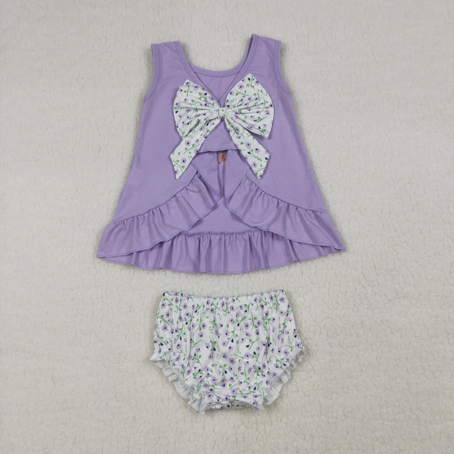 RTS Sibling Baby Girls Sleeveless Embroidery Floral Duck Bows Purple Dress Sets Clothes