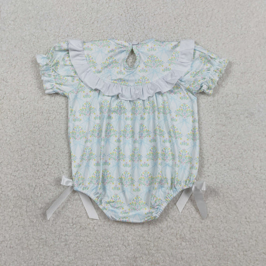 RTS Baby Girls Kids Short Sleeves Embroidery Smocked Bows Floral Bubble Romper
