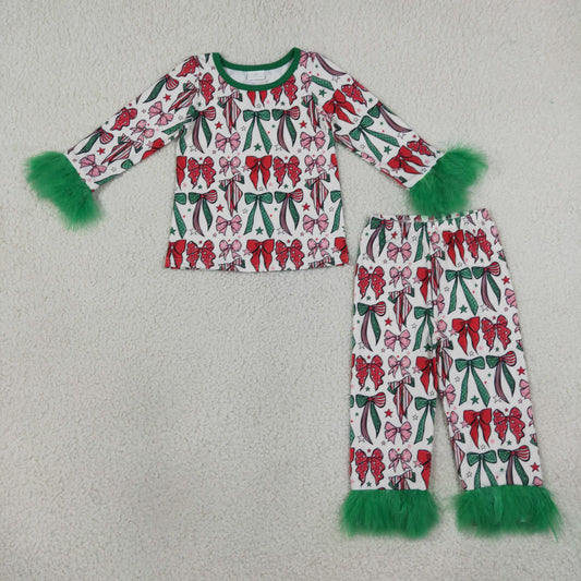 Baby Girls Kids Long Sleeves Christmas Bows Shirt Green Fur Pants Set Pajamas Clothes