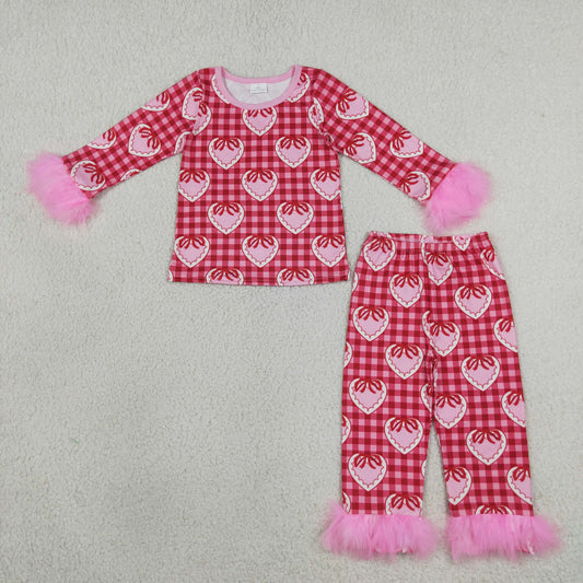 Baby Girls Kids Hearts Bows Plaid Shirt Pants Valentine Pajamas Fur Set Clothes