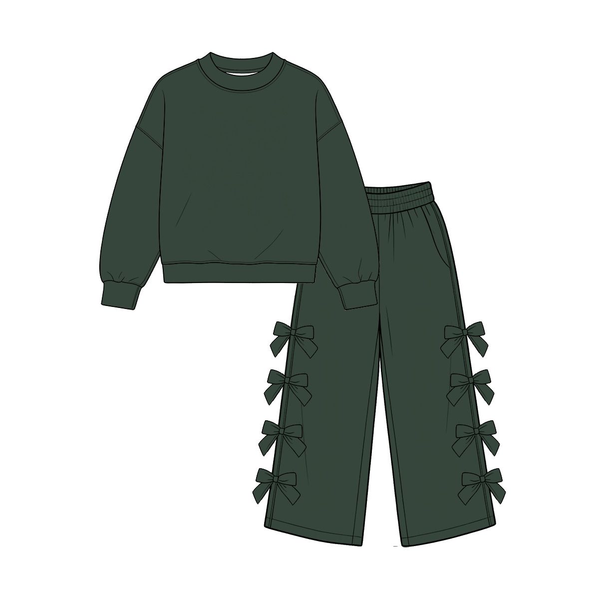 Moq 5 Preorder Baby Girls Kids Long Sleeves Green Shirt Bows Pants Set Cotton Clothes