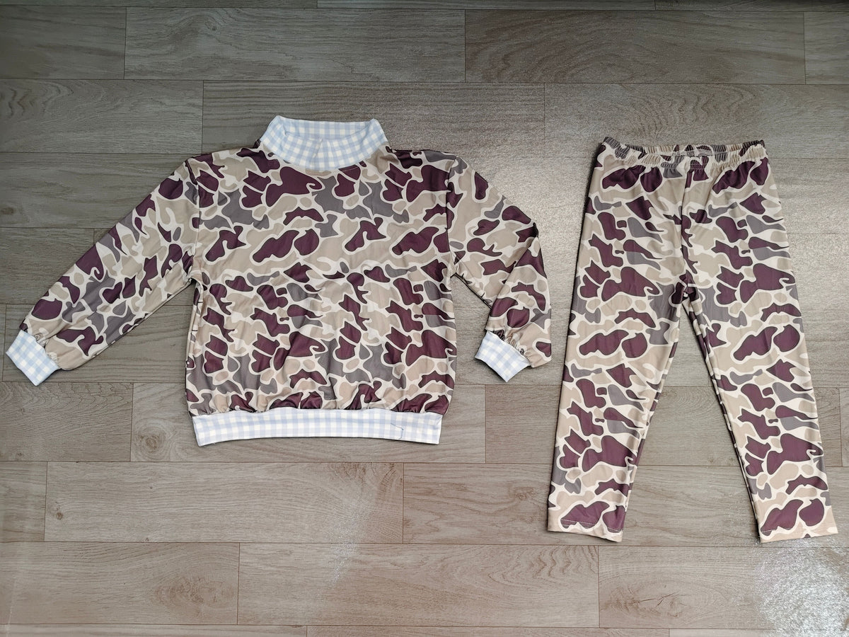 No moq Preorder Baby Boys Kids Plaid Shirt Dark Grey Camo Pants Set Clothes