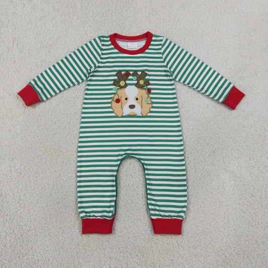 Baby Boy Kids Long Sleeves Embroidery Christmas Dog Green Stripes Romper Clothes