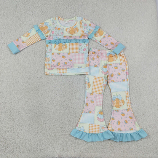 Sibling Baby Girls Kids Thanksgiving Pumpkins Ruffle Tops Bell Pants Sets Fall Clothes