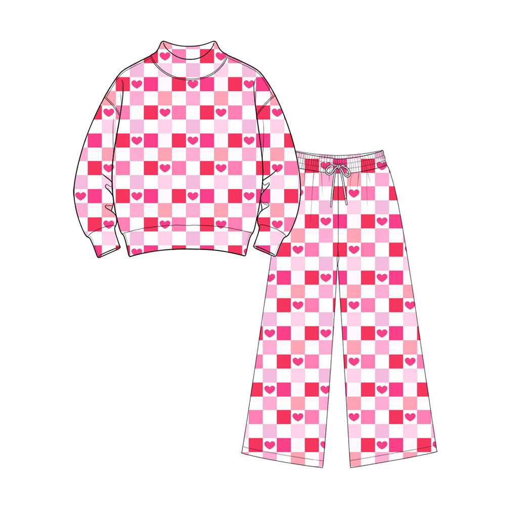 Moq 5 Preorder Adult Women Long Sleeves Hearts Checked Shirt Pants Valentine Set Clothes