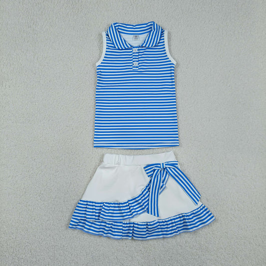 Baby Girls Kids Blue Stripes Buttons Tops Ruffle Shorts Skirt Yoga Yoga Active Set