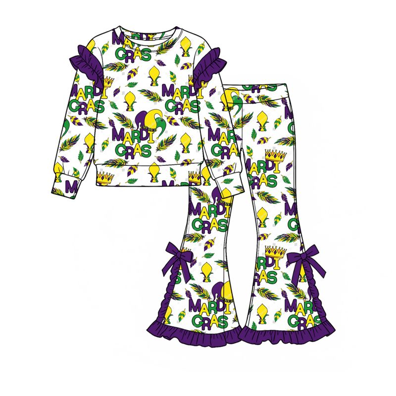 Moq 5 Preorder Baby Girls Kids Long Sleeves Hats Tops Bows Pants Set Mardi Gras Clothes