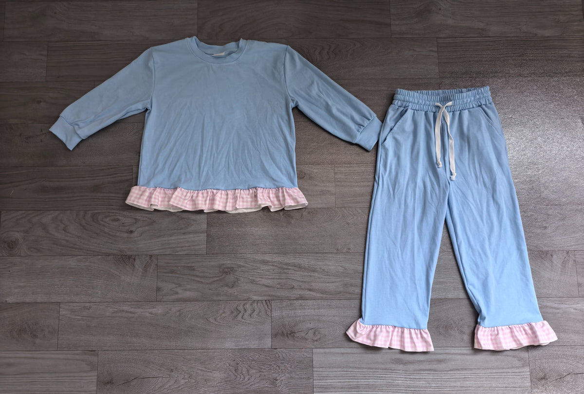 No moq Preorder Baby Girls Kids Long Sleeves Ruffle Shirt Pants Light Blue Set Cotton Clothes
