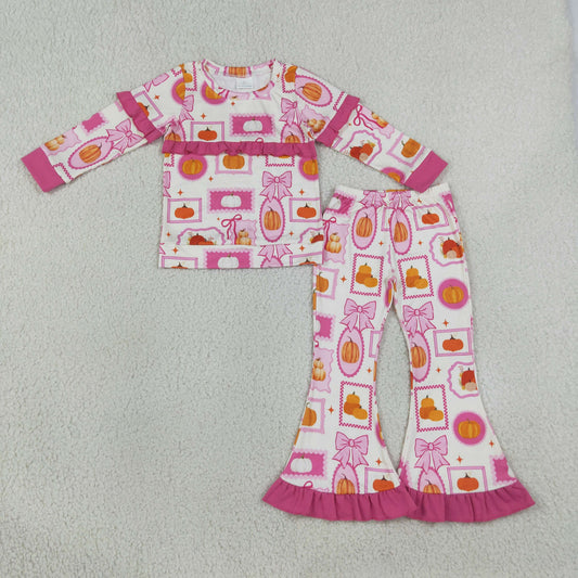 Baby Girls Kids Long Sleeves Pumpkins Bows Tops Pink Ruffle Pants Set Fall Clothes