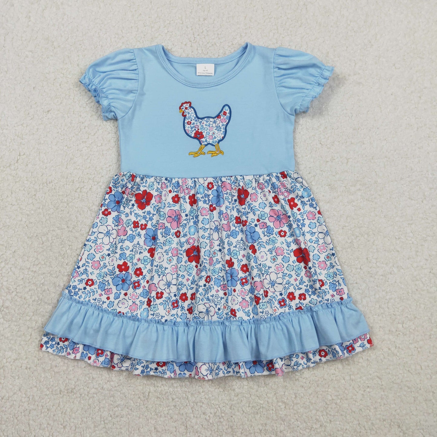 RTS Baby Girls Blue Short Sleeves Embroidery Chicken Tops Floral Ruffle Pants Set